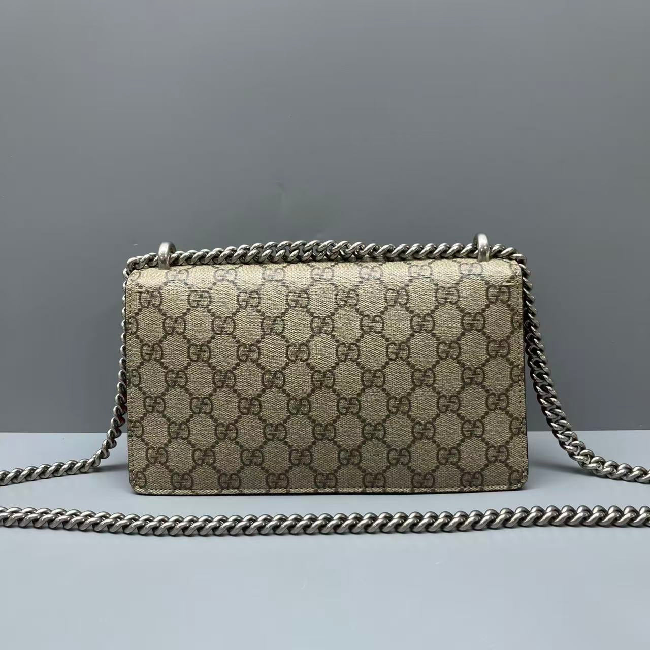 Gucci - Dionysus Medium Chain Shoulder Bag - GG Supreme canvas with suede trim - Beige and Red with Silver-Tone Hardware - (medium)