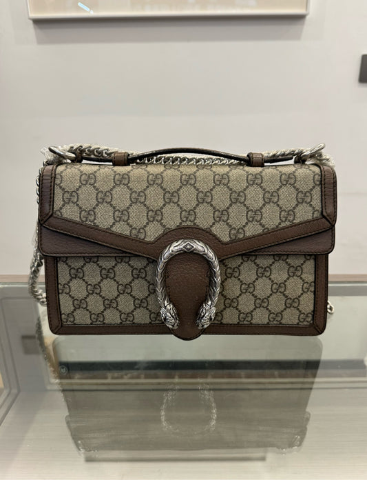 Gucci - Dionysus Shoulder Bag Small - GG Supreme canvas with grained leather trim - Brown - (small)