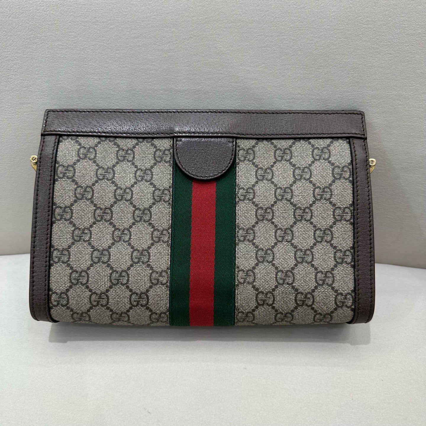 Gucci - Ophidia GG Supreme Pouch with Chain - GG Supreme canvas with leather trim - Beige/Ebony with Brown Leather and Gold-Tone Hardware - (small)