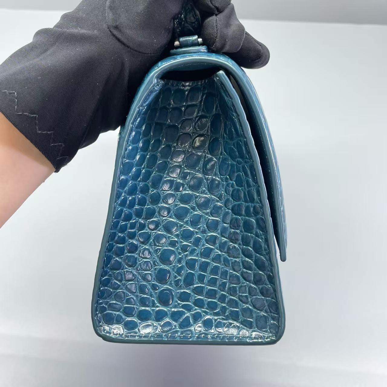 Balenciaga - Hourglass Bag S - Calfskin leather with crocodile embossing - Blue - (small)