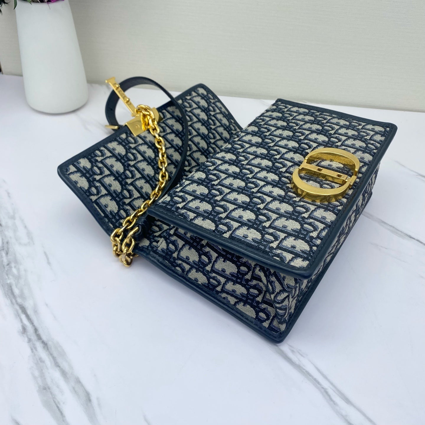 Dior - 30 Montaigne - Dior Oblique embroidered canvas with leather trim - Navy blue and beige - (small)