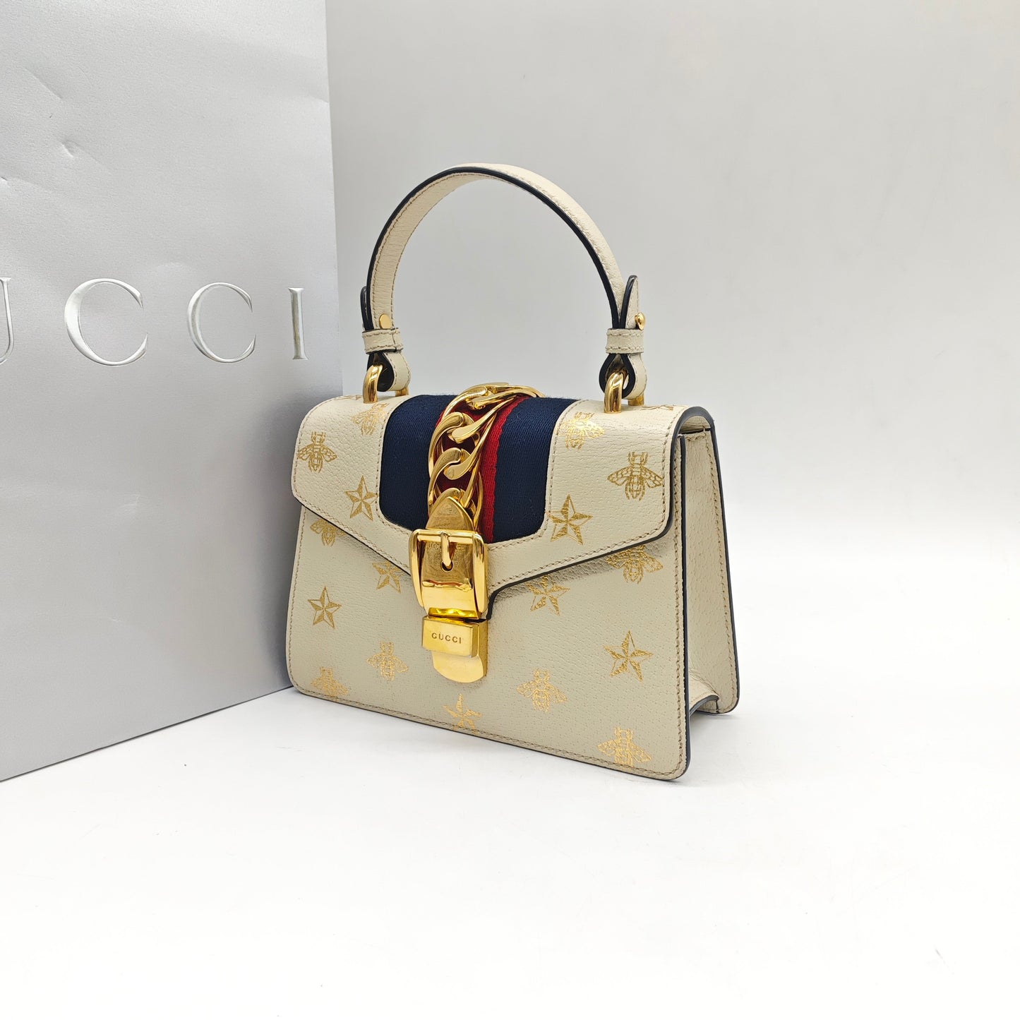 Gucci - Sylvie Small Bee and Star - Grained leather - White - (small)