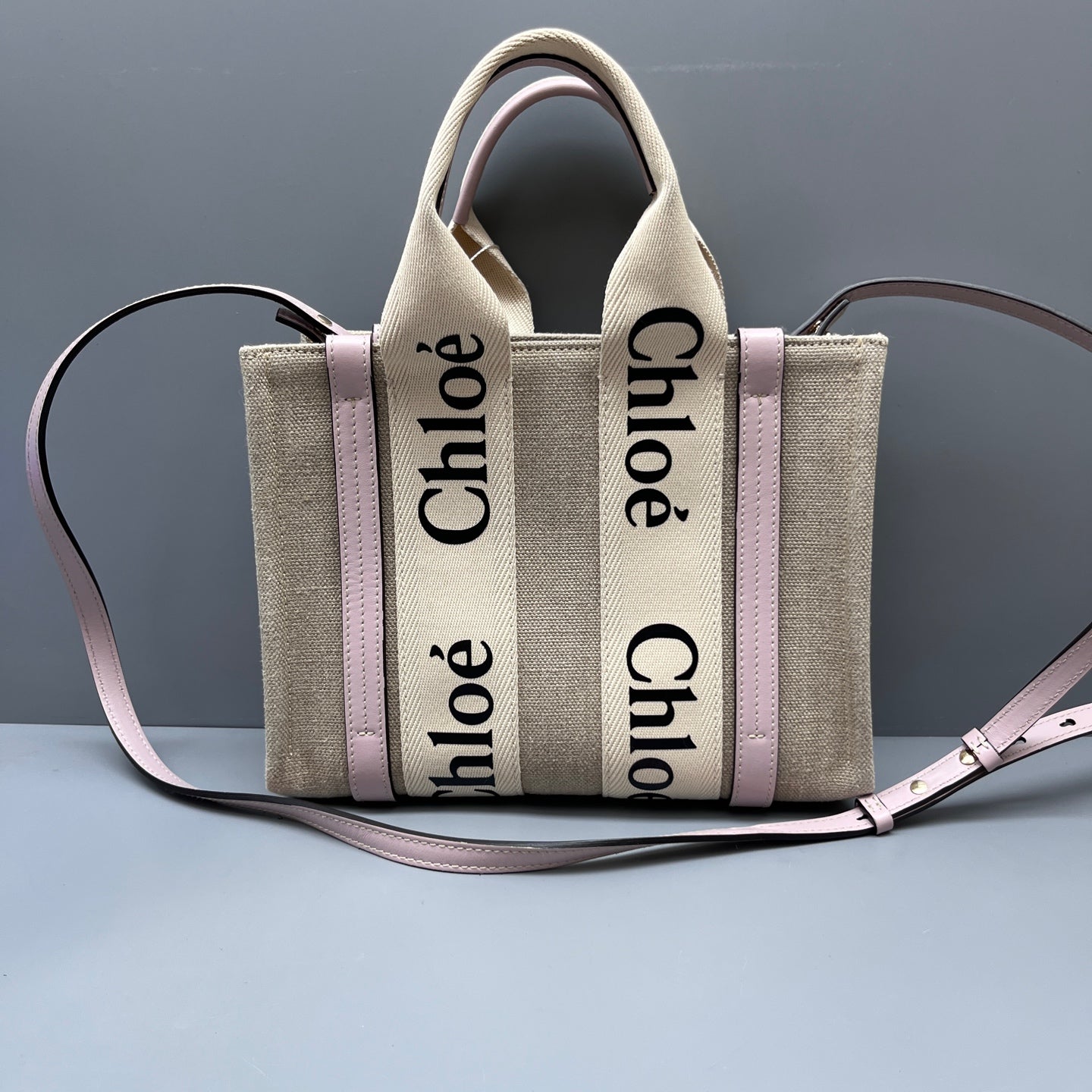 Chloe - Woody Tote Bag - Canvas and Leather - Beige with Pink Accents - (Small)