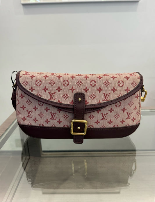 Louis Vuitton - Monogram Denim Baguette Shoulder Bag - Denim with leather trim - Raspberry Pink with Burgundy accents - (mini)