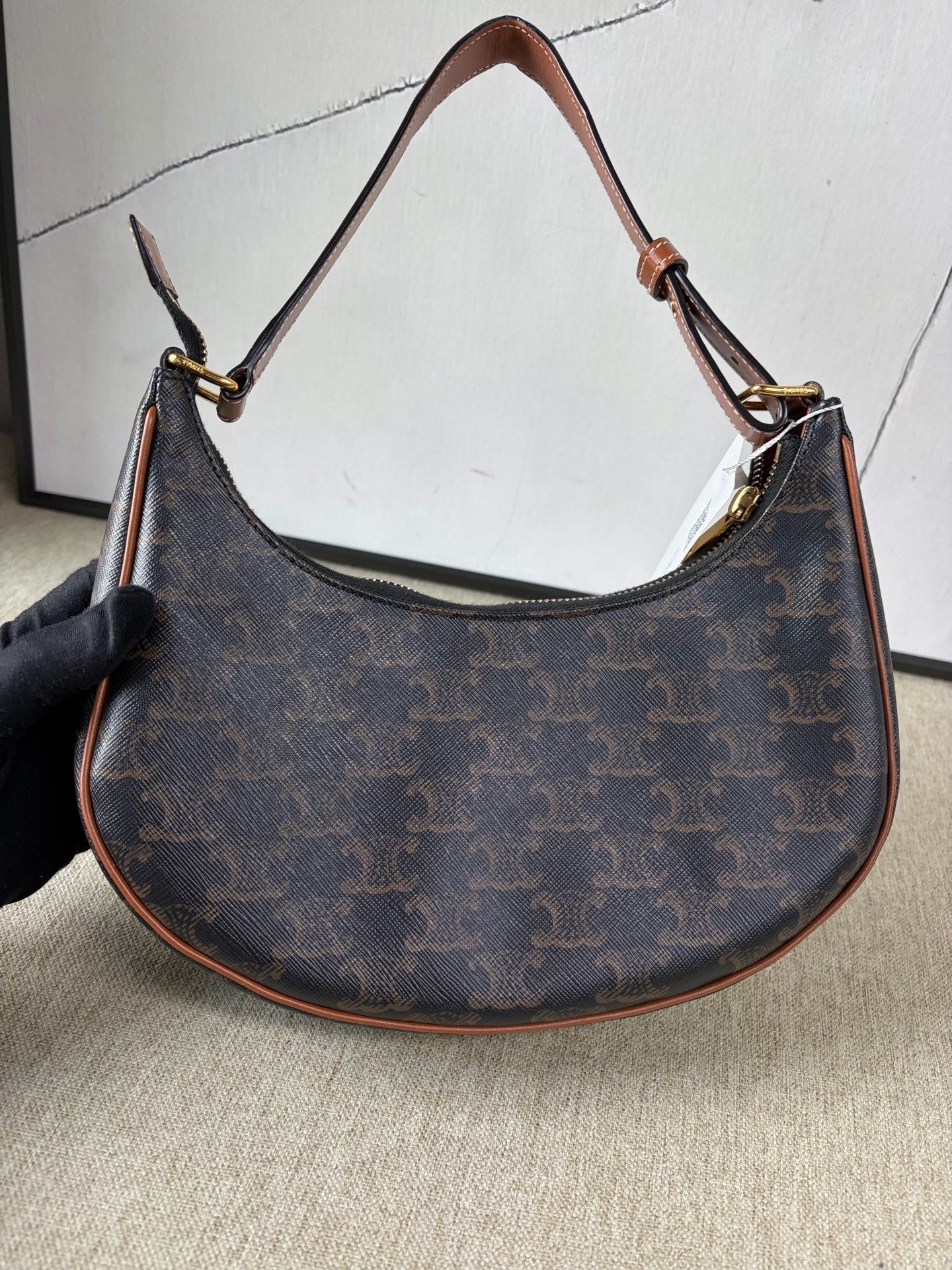 Celine - AVA Classic Triomphe Shoulder Bag - Triomphe coated canvas with calfskin leather trim - Brown - (mini)