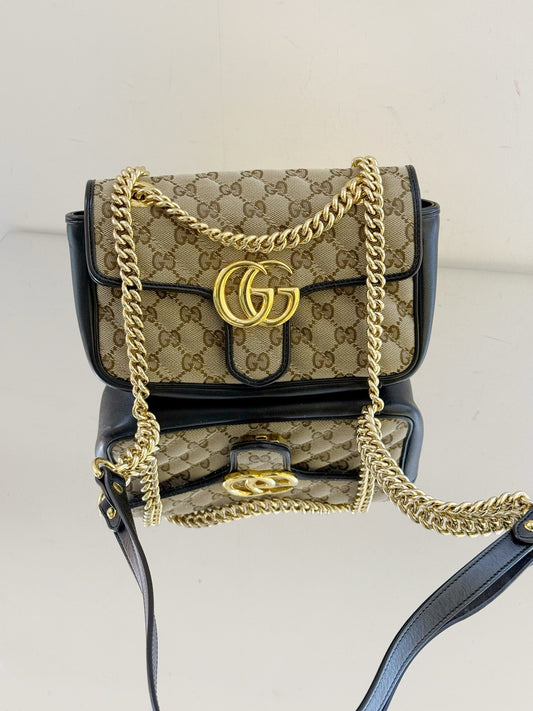 Gucci - GG Marmont 22 - Canvas with leather trim - Beige and Black with Gold-Tone Hardware - (mini)
