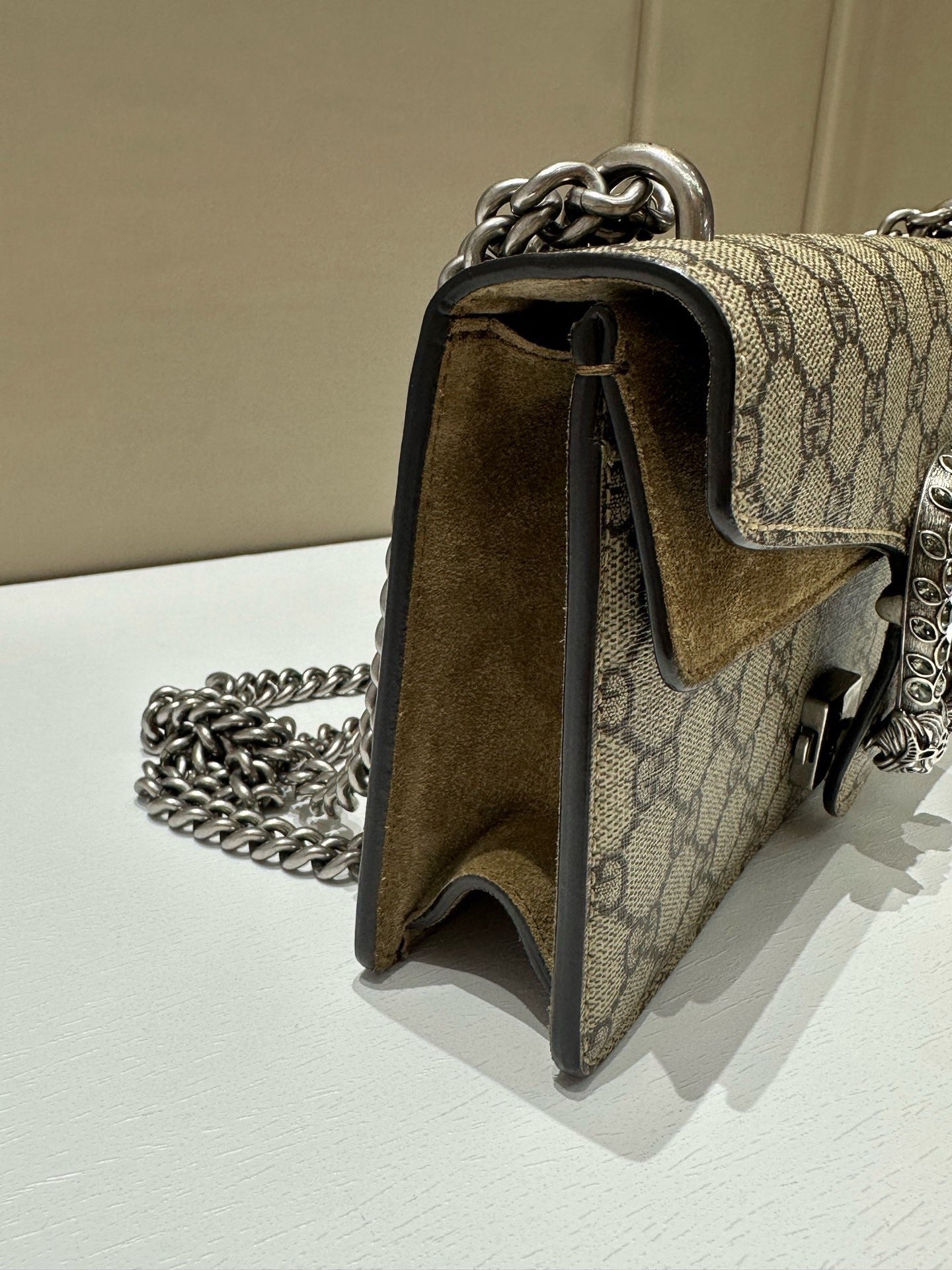 Gucci - Dionysus Mini Shoulder Bag with Crystal Buckle - GG Supreme coated canvas, suede, leather trim - Beige with Camel accents - (Mini)