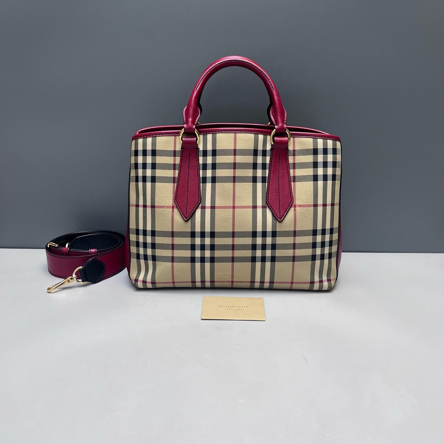 Burberry - Classic Check Tote Bag - Canvas and Leather - Beige with Burgundy Accents - (medium)