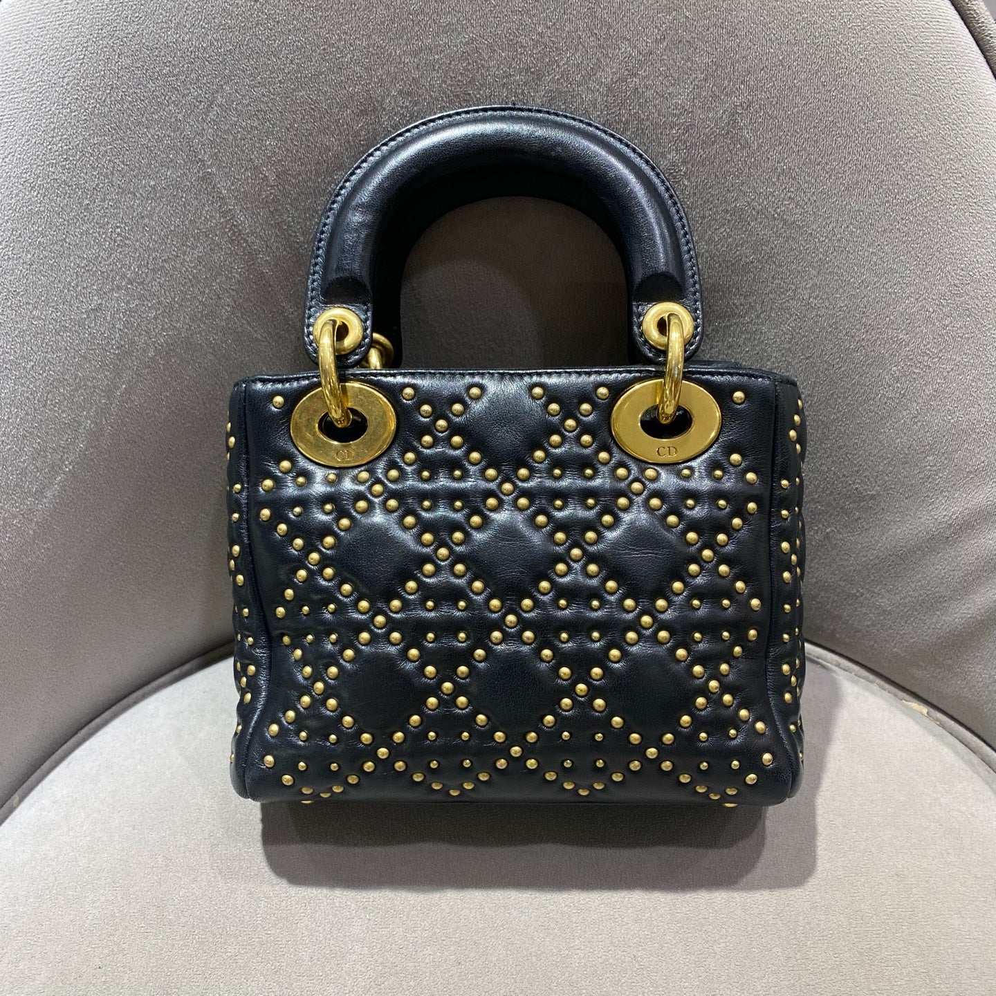 Dior - Lady Dior (Studded) - Lambskin leather with gold-tone rivets - Black - (Mini)