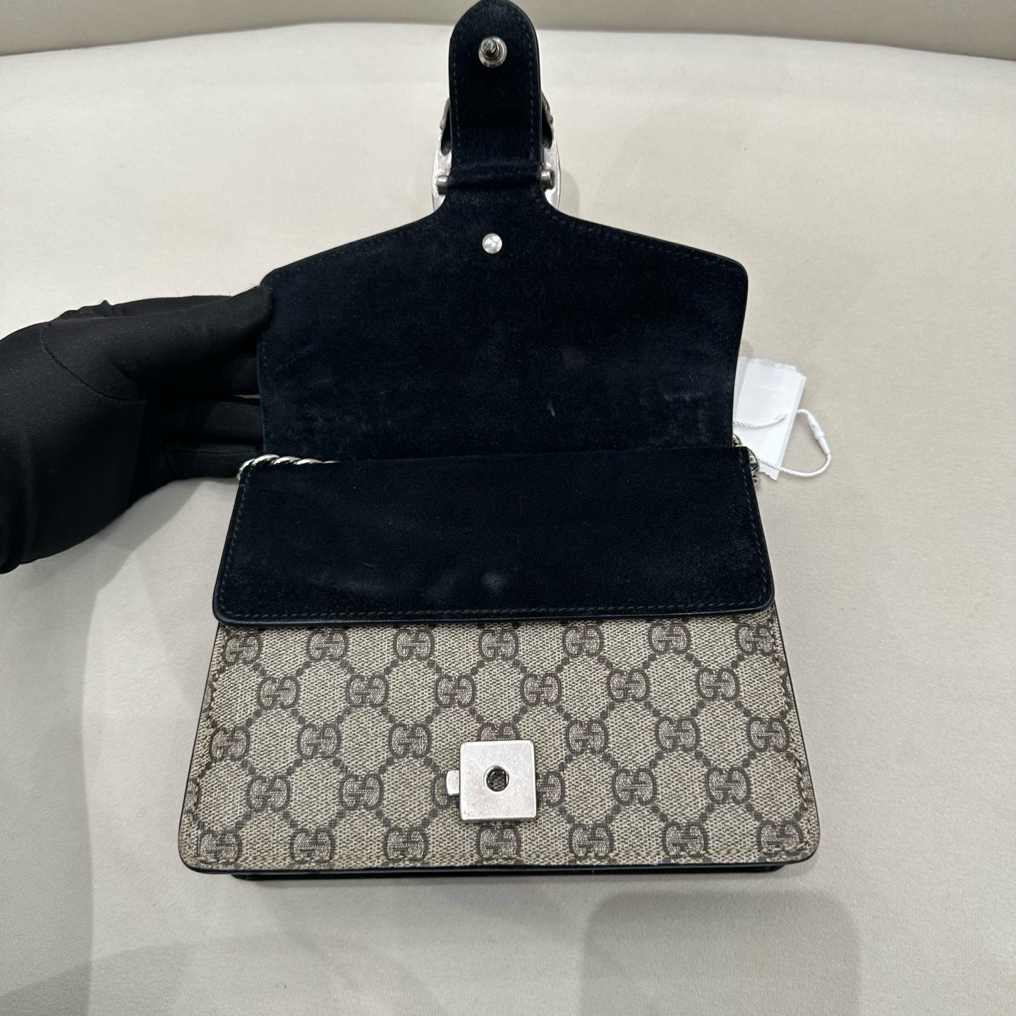 Gucci - Dionysus Mini Bag - GG Supreme coated canvas with black leather trim and black suede lining - Beige - (Small)