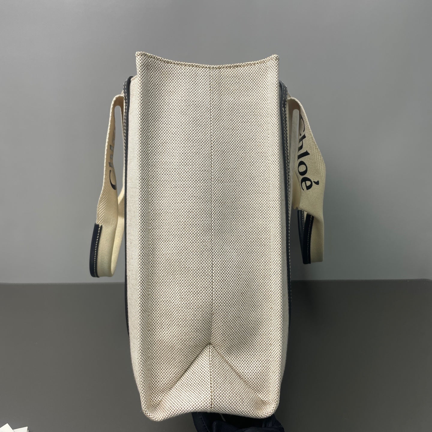 Chloé - Woody Tote Bag - Linen canvas with leather trim - Beige with Black accents - (large)