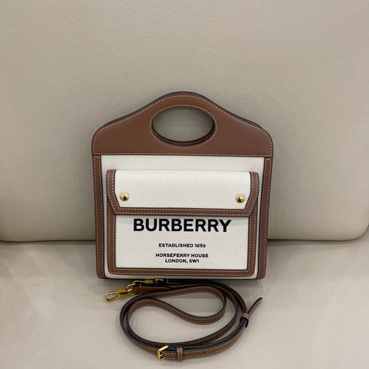 Burberry - Mini Pocket Bag - Canvas and leather - White with Brown leather accents - (small)
