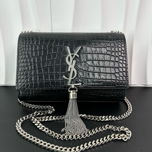 Saint Laurent - MONOGRAM KATE Tassel - Crocodile embossed leather - Black with Silver-Tone Hardware - (mini)