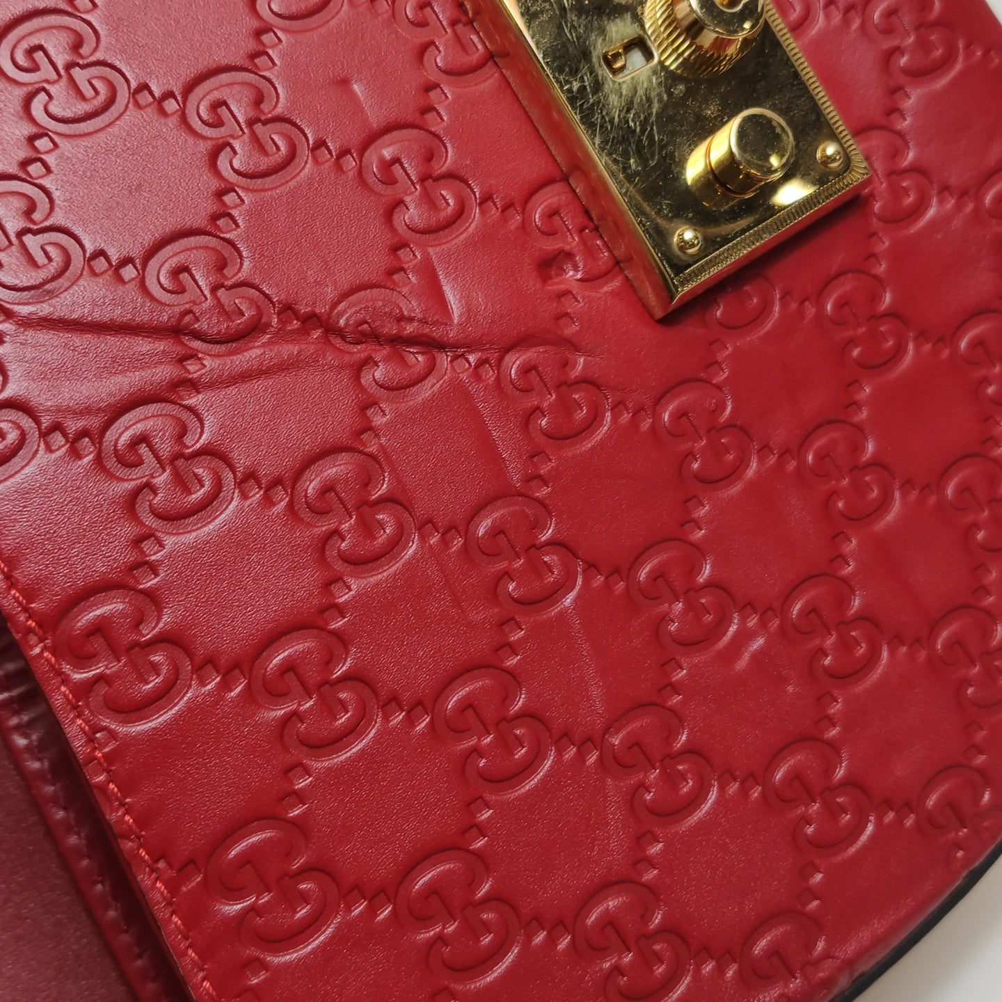 Gucci - Padlock Saddle Bag - Gucci Signature embossed leather with suede lining - Red with navy and red web strap - (small)