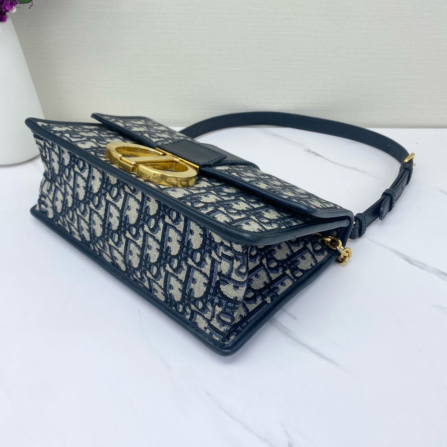 Dior - 30 Montaigne - Dior Oblique embroidered canvas with leather trim - Navy blue and beige - (small)