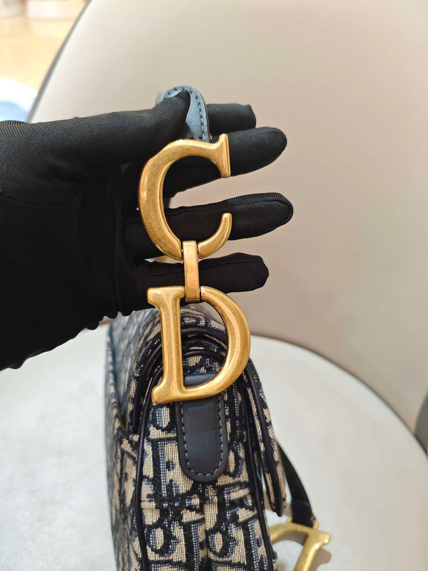 Dior - Saddle Bag - Dior Oblique Jacquard Canvas with Leather Trim - Navy Blue and Beige - (Medium)