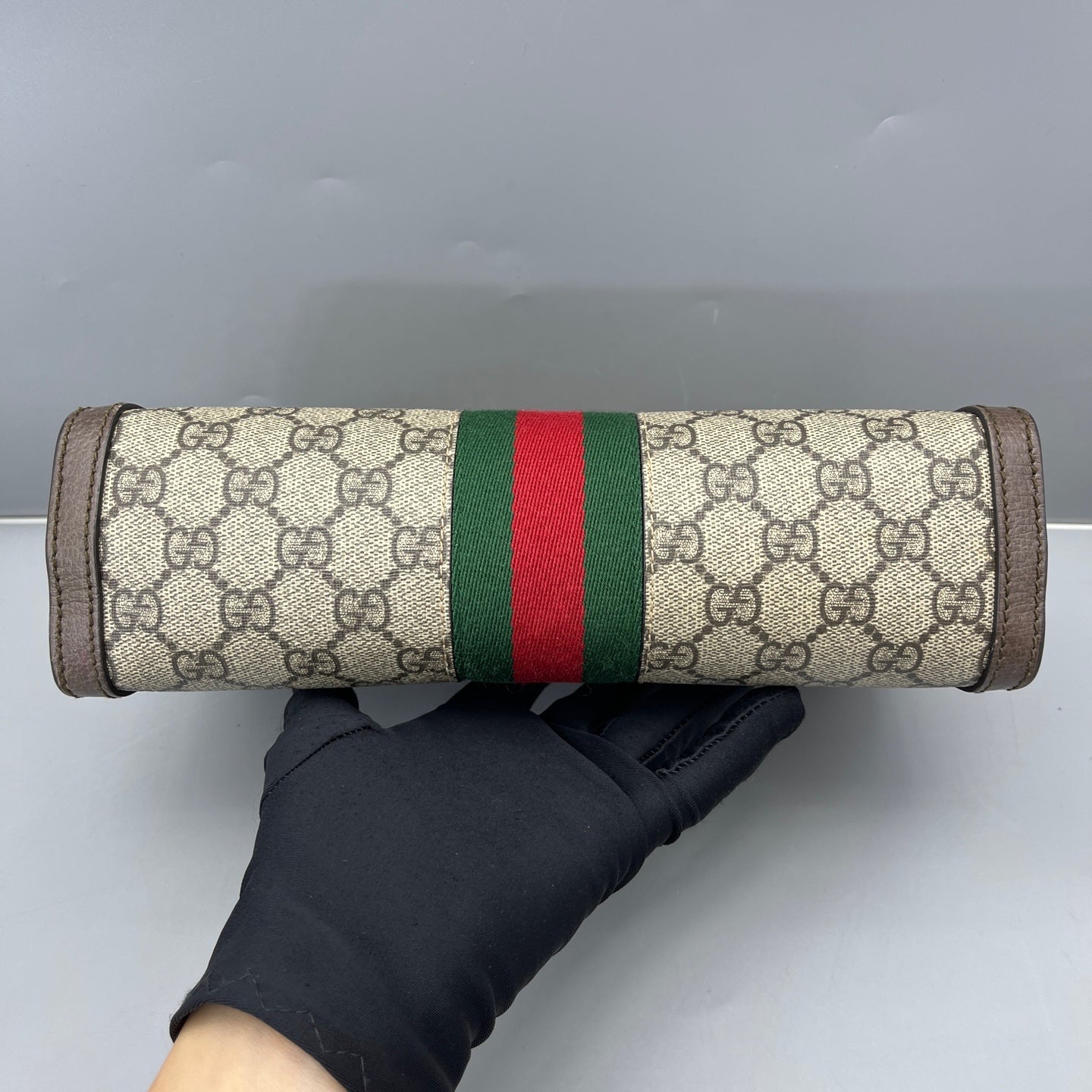 Gucci - Ophidia Chain Bag - GG Supreme coated canvas with leather trim - Ebony (Beige and Brown) with Red and Green Web - (mini)