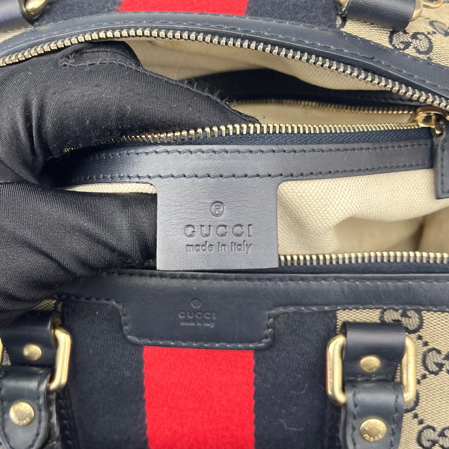 Gucci - GG Monogram Boston Bag with Web Stripe - Canvas with Leather trim - Beige and Blue - (Small)
