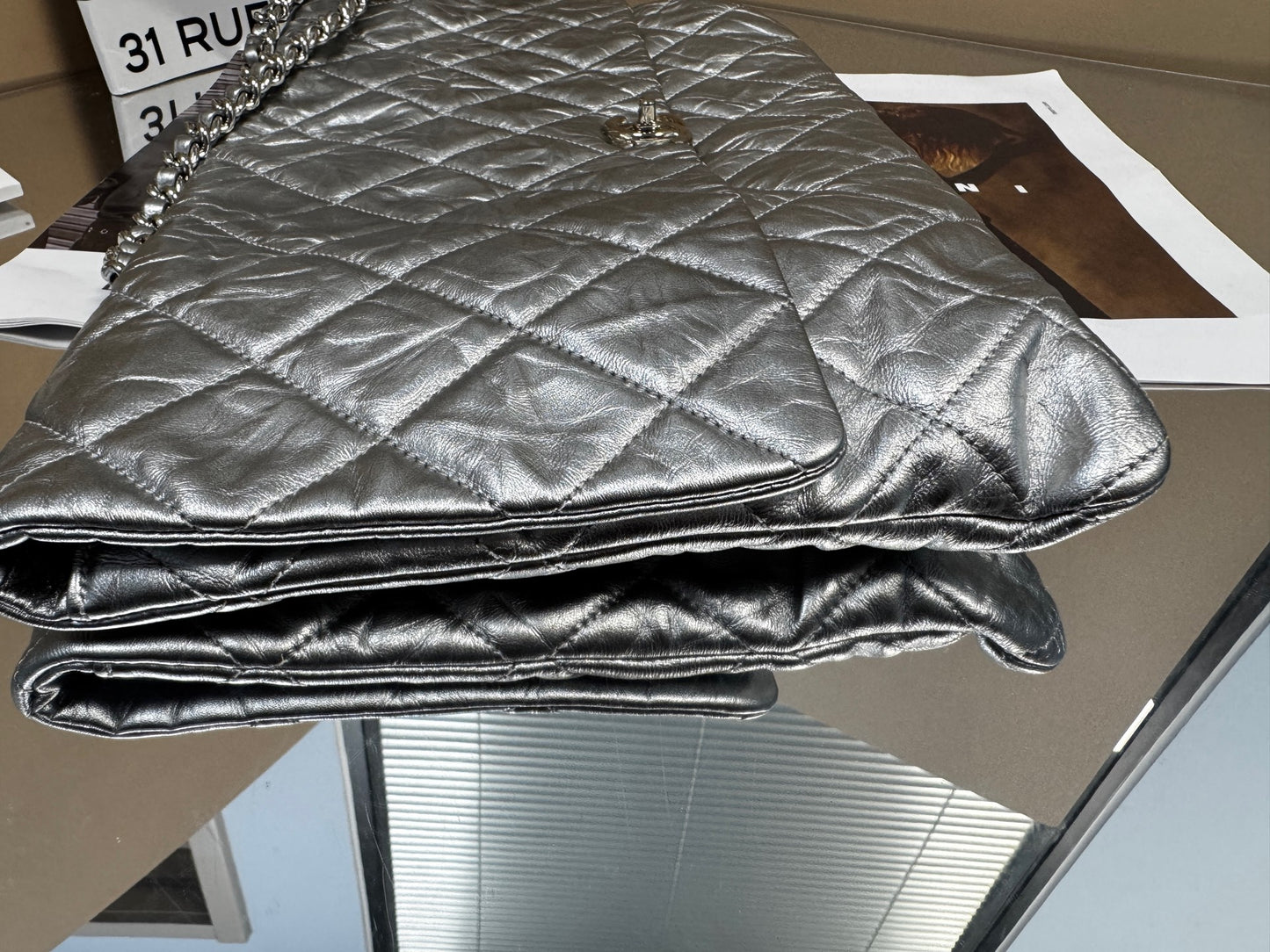 Chanel - Large Flap Bag - Aged calfskin leather - Silver - (Medium)