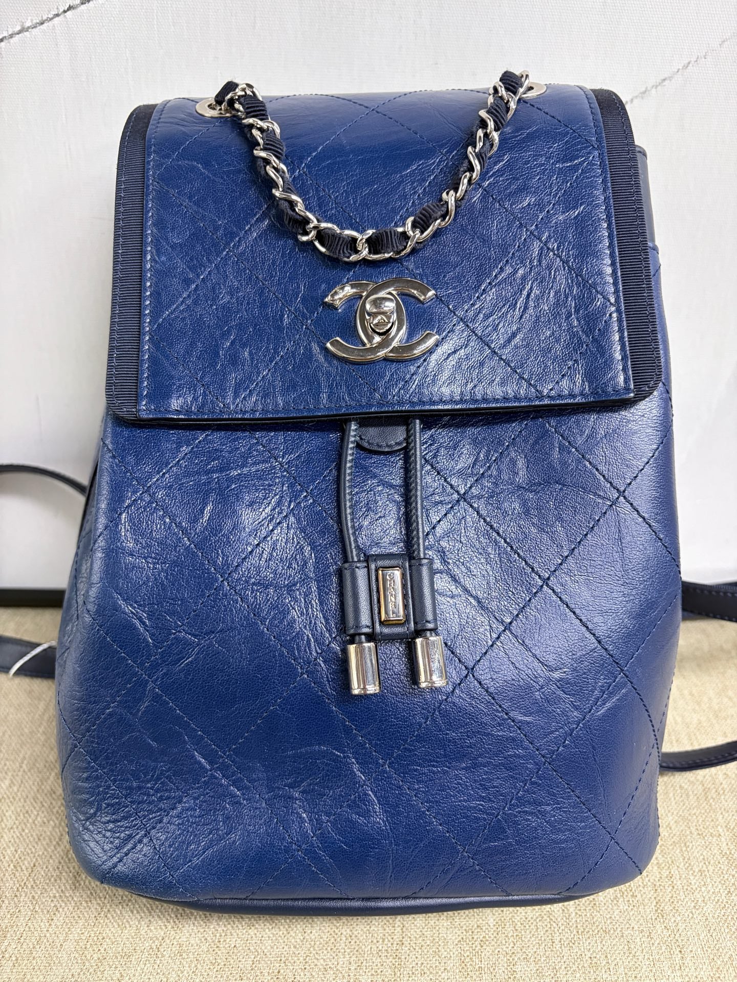 Chanel - Quilted Drawstring Backpack - Waxed calfskin leather - Blue - (Small)