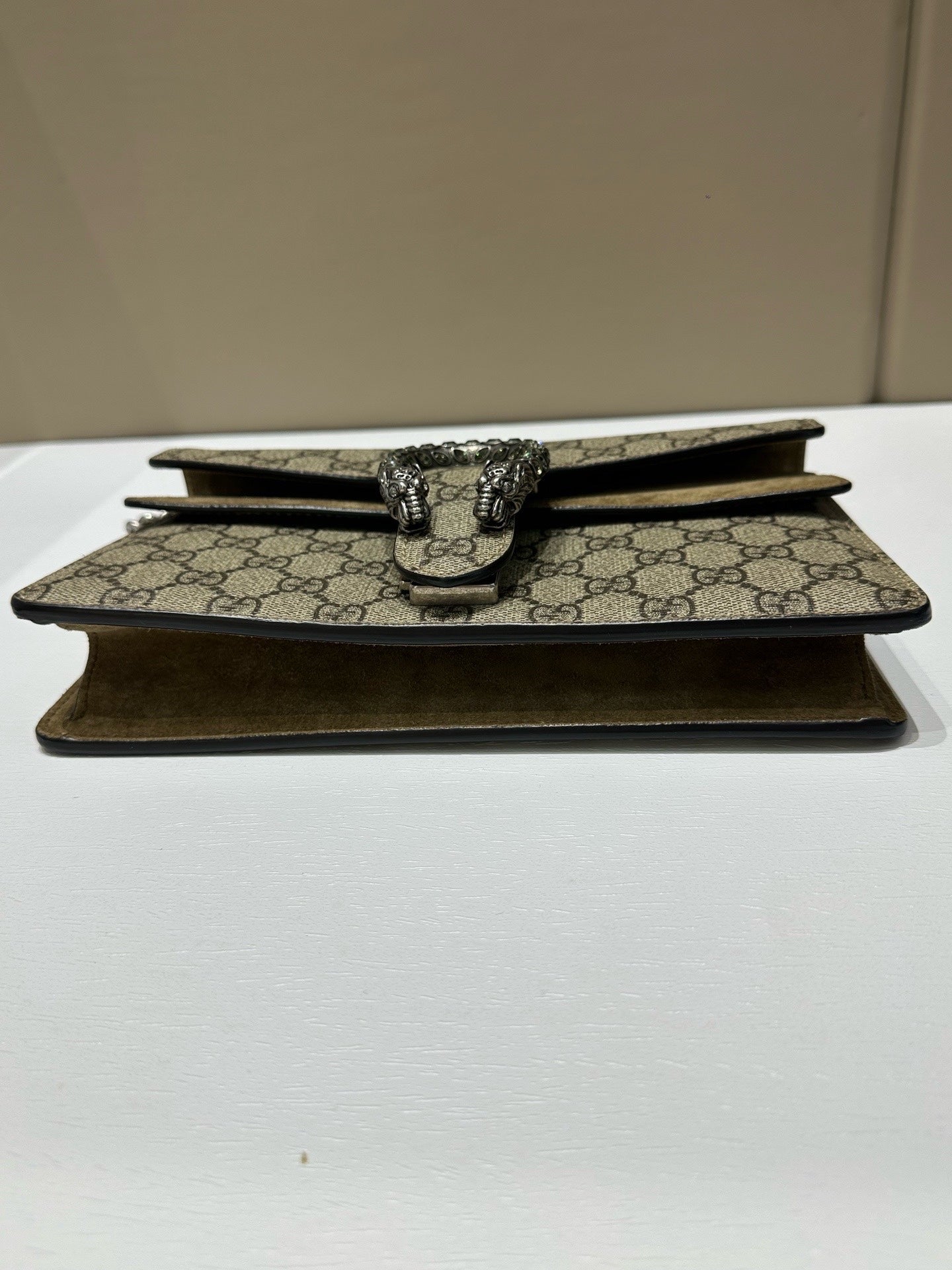 Gucci - Dionysus Mini Shoulder Bag with Crystal Buckle - GG Supreme coated canvas, suede, leather trim - Beige with Camel accents - (Mini)