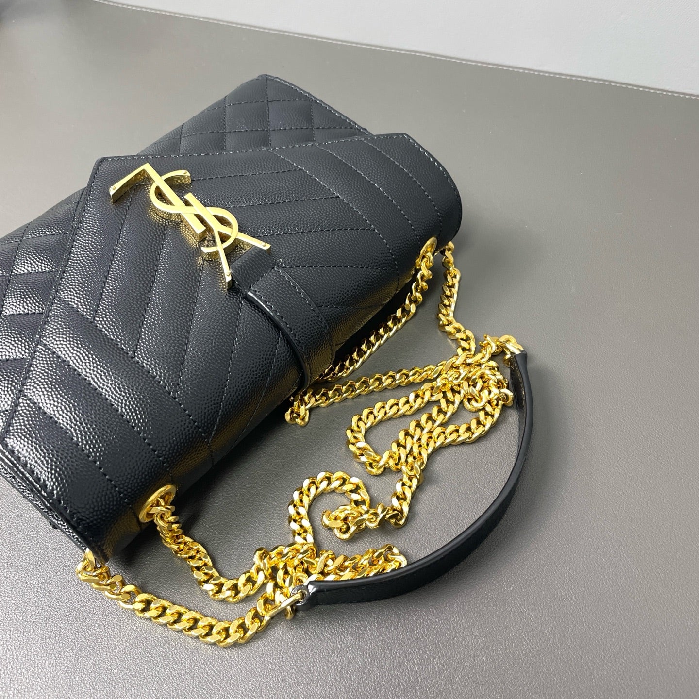 Saint Laurent - Monogram Envelope Wallet on Chain - Grained leather - Black - (mini)