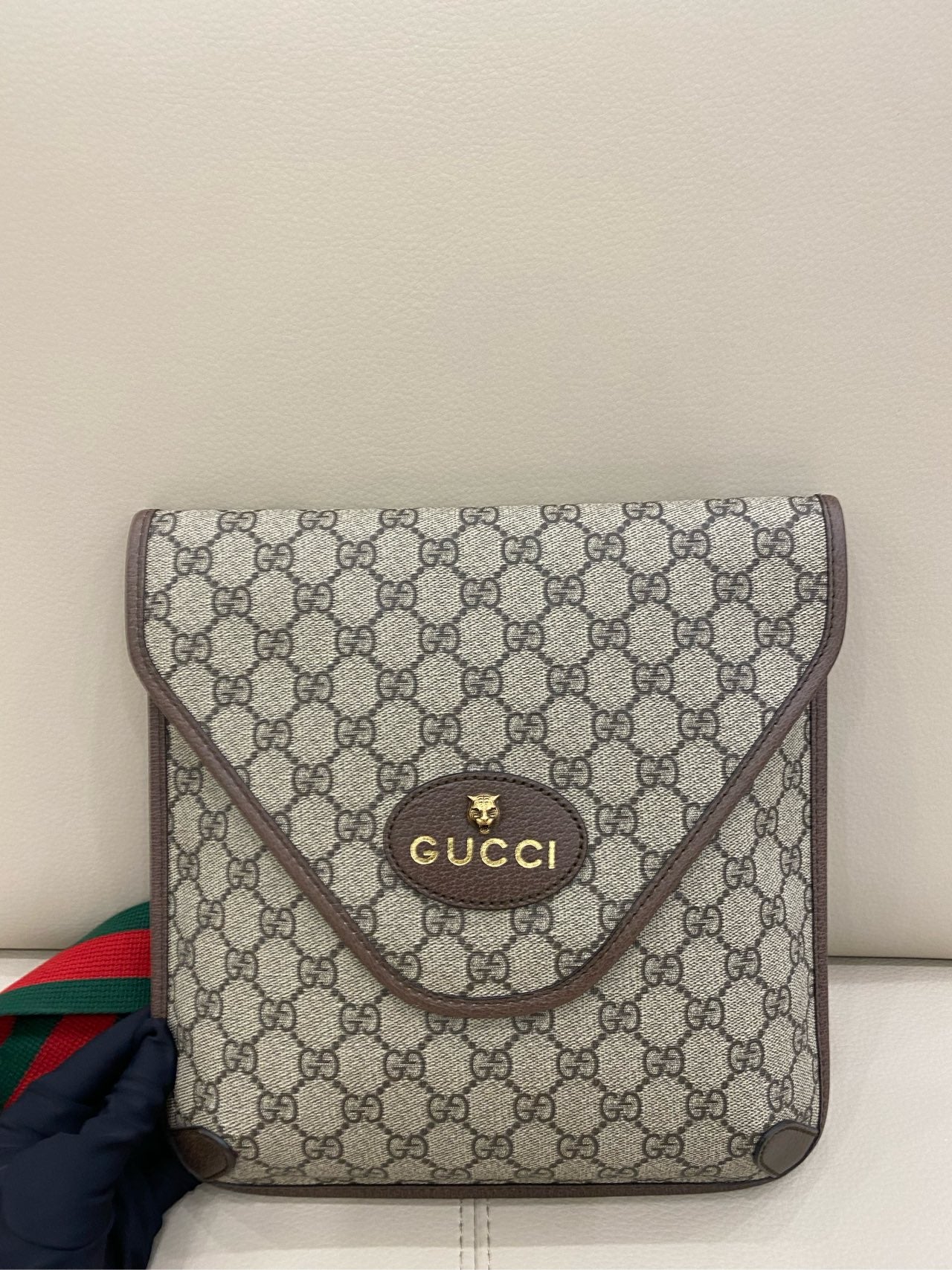 Gucci - Tiger Head Envelope Crossbody Bag - GG Supreme canvas with leather trim - Beige with brown trim and multicolour Web stripe - (Small)