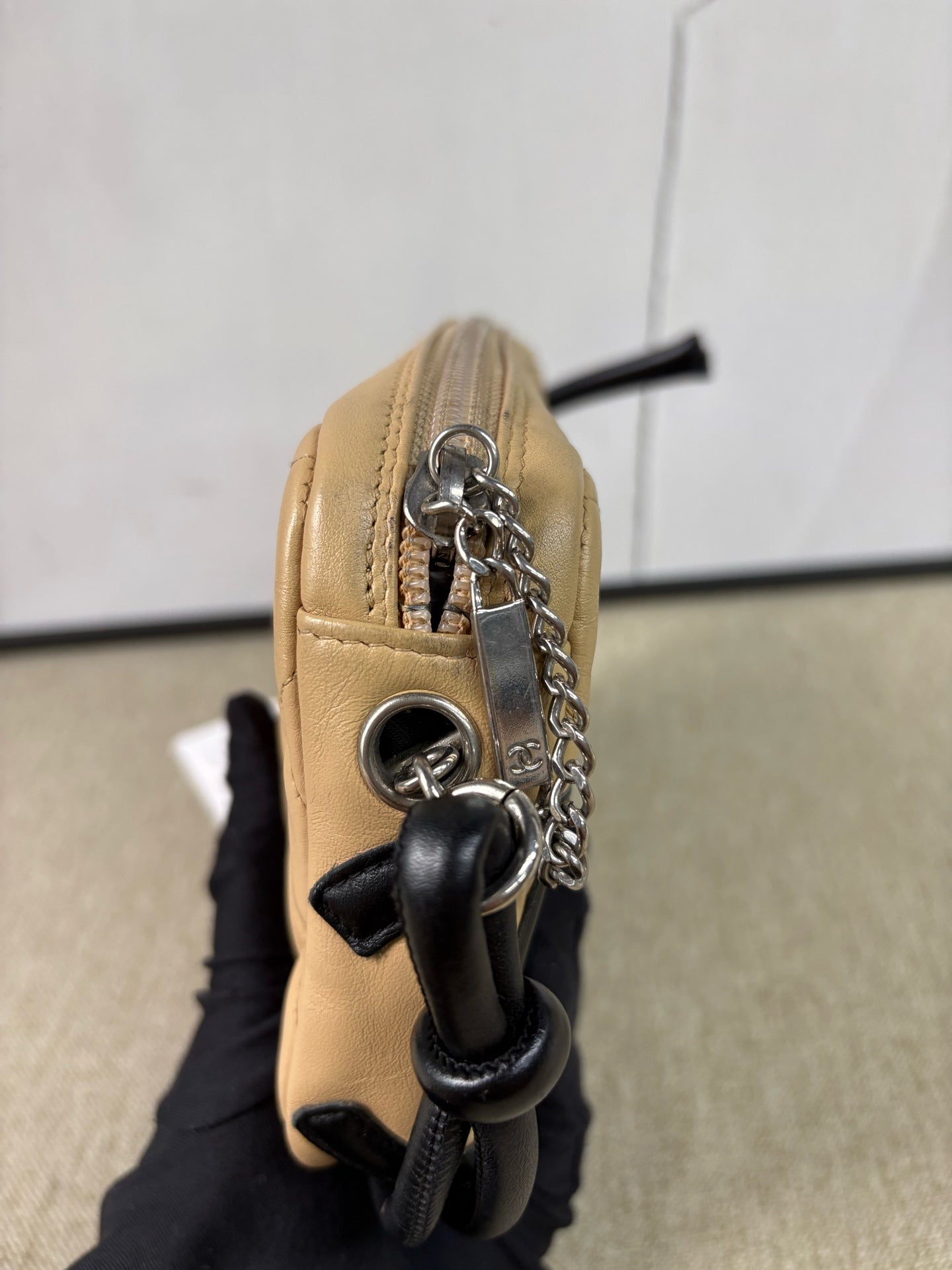 Chanel - Cambon Camera Shoulder Bag - Calfskin leather - Beige with black accents - (Small)