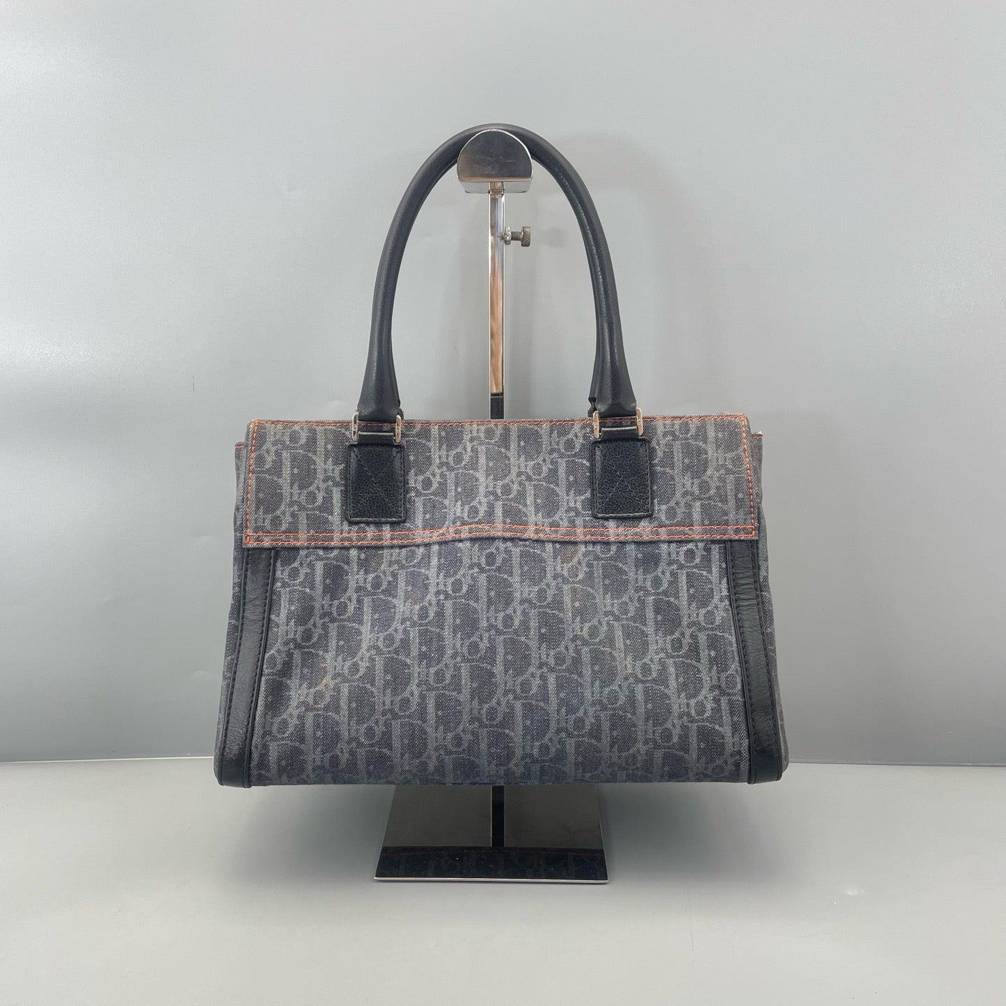 Dior - Vintage D-Ring Tote Bag - Denim and Leather - Washed Blue-Grey Denim with Black Leather and Orange Accents - (medium)