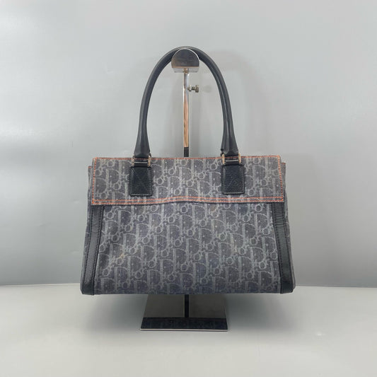 Dior - Vintage D-Ring Tote Bag - Denim and Leather - Washed Blue-Grey Denim with Black Leather and Orange Accents - (medium)