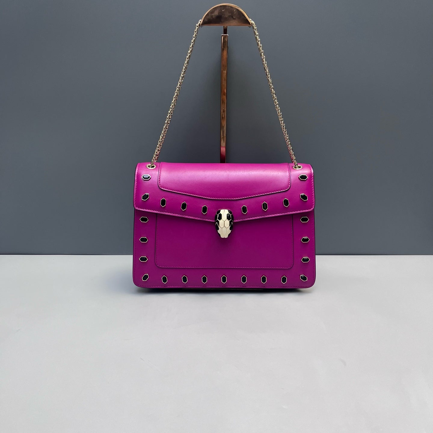 Bvlgari - Serpenti Forever Flap Bag with Studs - Smooth calf leather - Vibrant Magenta with Black Accents and Gold-Tone Hardware - (Medium)