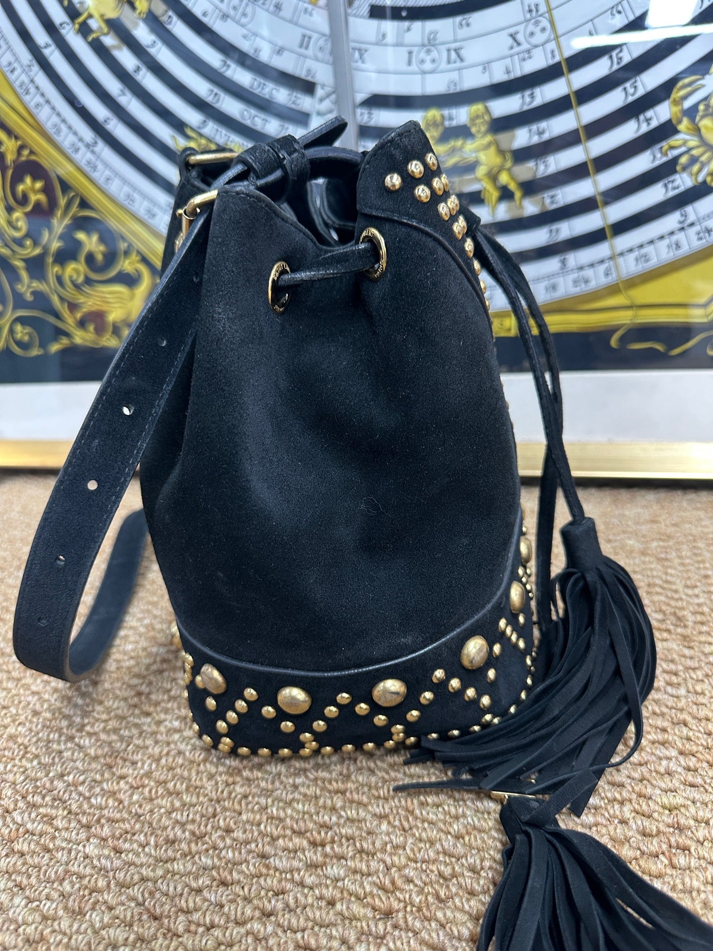 Saint Laurent - Fringed Studded Bucket Bag - Suede - Black - (Small)