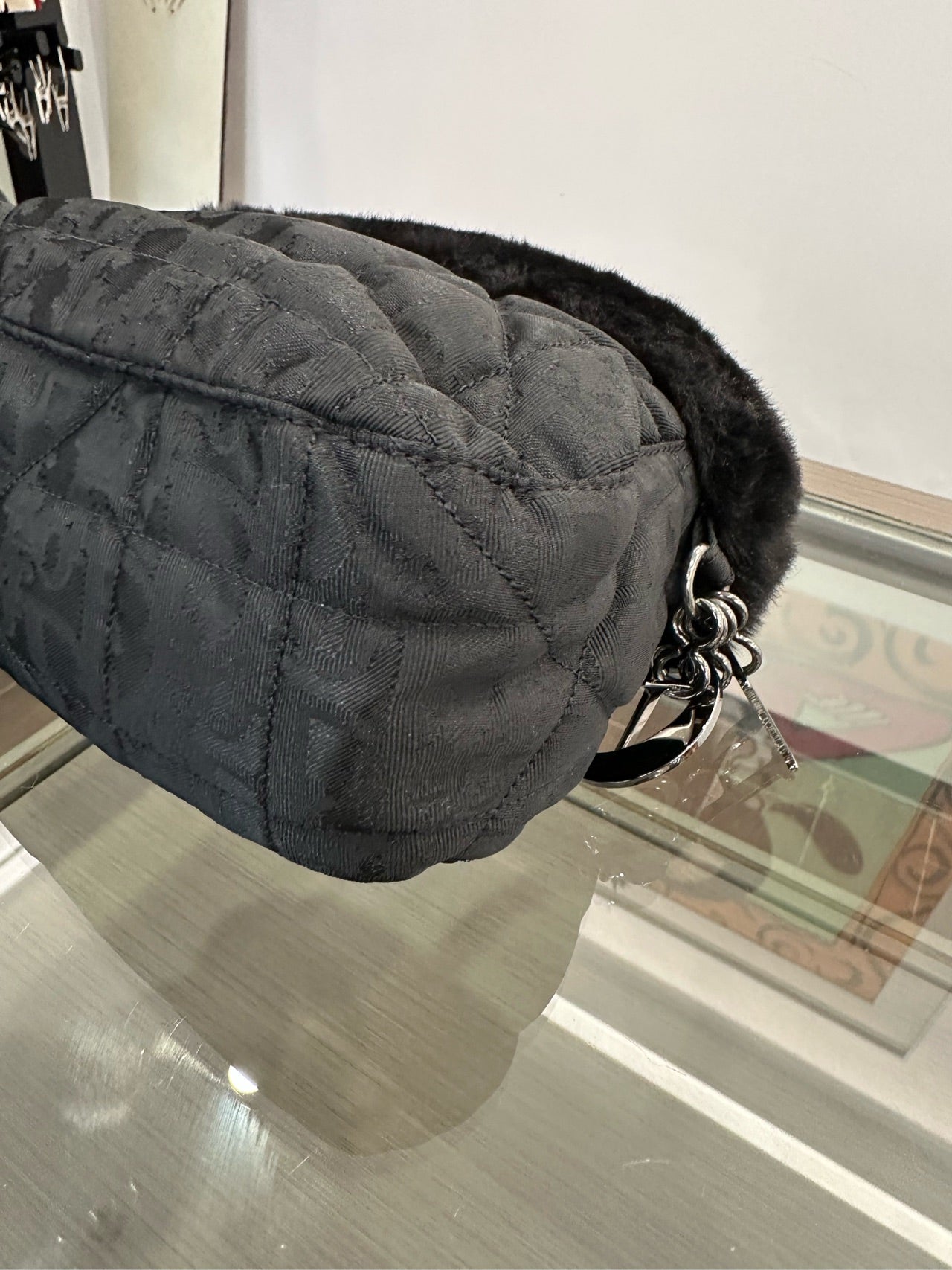 Dior - Vintage Limited Edition Monogram Quilted Top Handle Bag with Fur Trim - Wool blend fabric with fur trim and patent leather handle - Black - (mini)