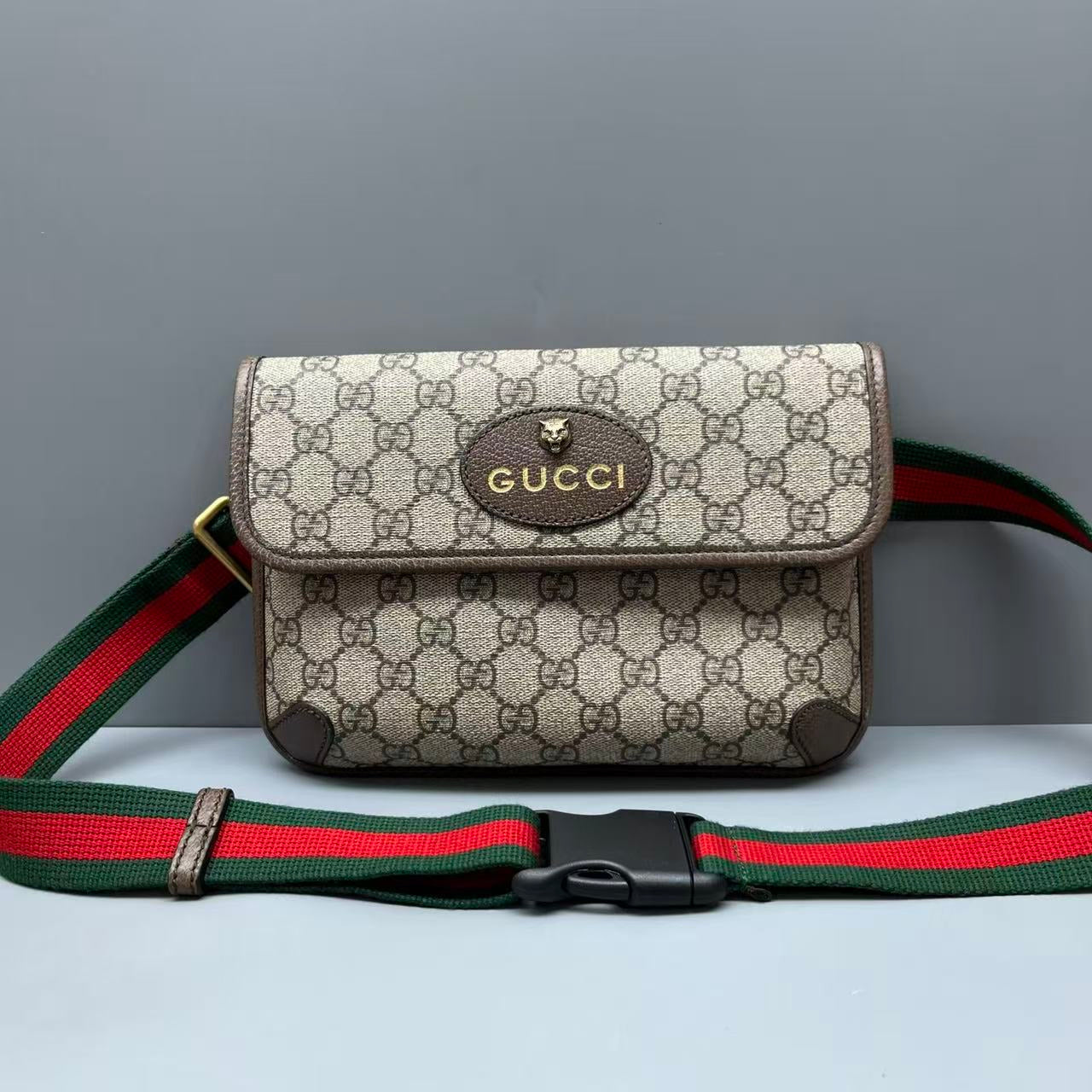 Gucci - Neo Vintage GG Supreme Belt Bag with Tiger Head - GG Supreme canvas with leather trim - Beige with Brown trim and Green/Red Web - (Medium)