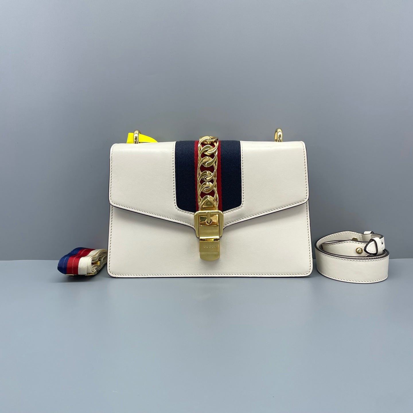 Gucci - Sylvie - Leather - White with Navy, Red, and Blue Web Stripe - (medium)
