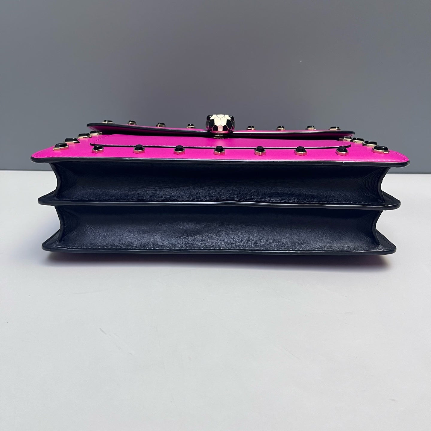 Bvlgari - Serpenti Forever Flap Bag with Studs - Smooth calf leather - Vibrant Magenta with Black Accents and Gold-Tone Hardware - (Medium)