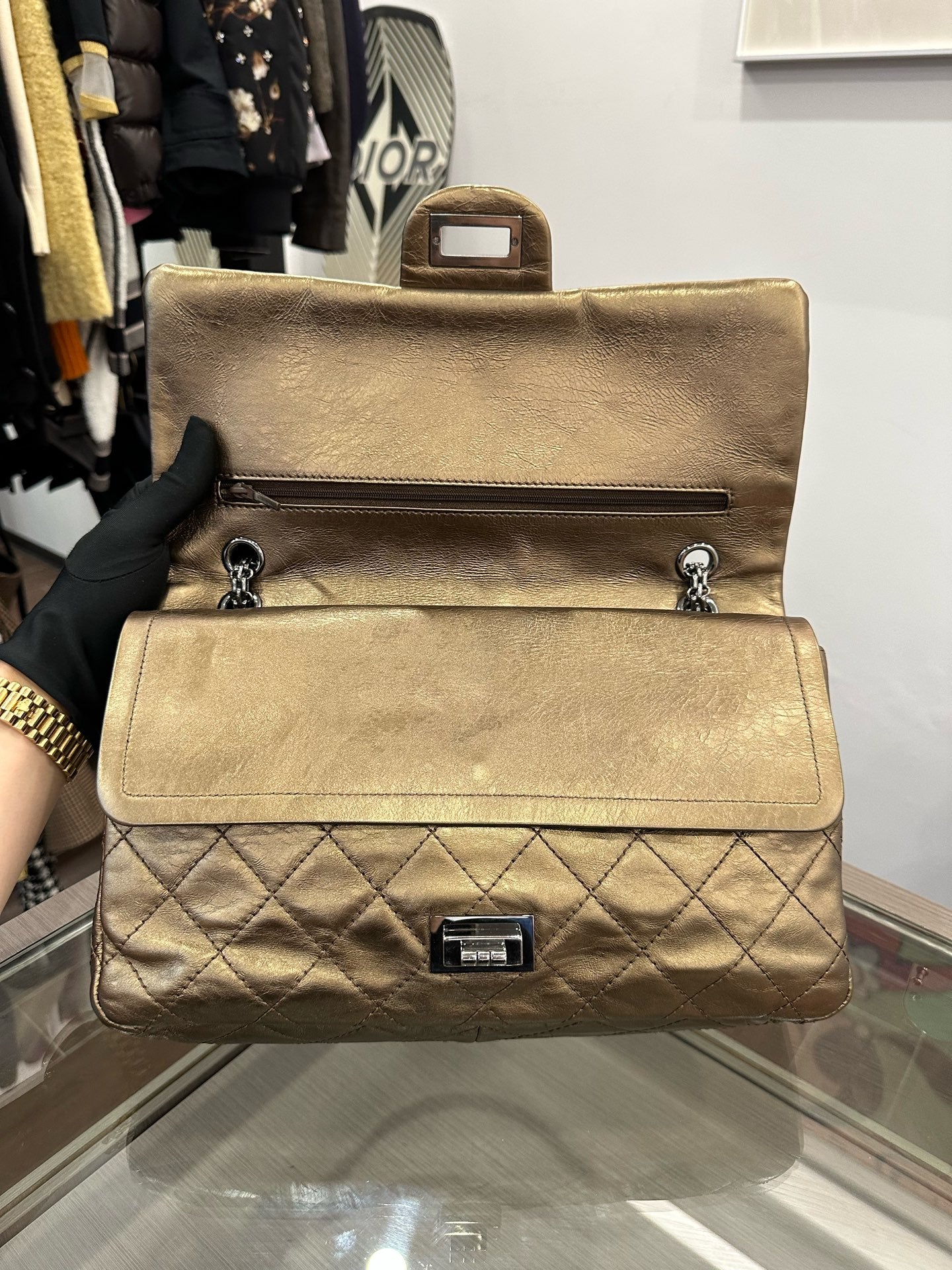 Chanel - 2.55 Reissue Flap Bag - Aged Calfskin Leather - Bronze with Silver-Tone Hardware - (Large)