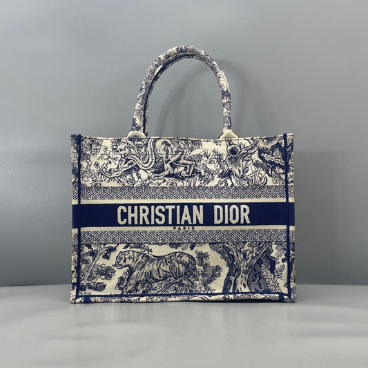 Dior - Book Tote - Embroidered canvas - Navy Blue and Off-White - (Medium)