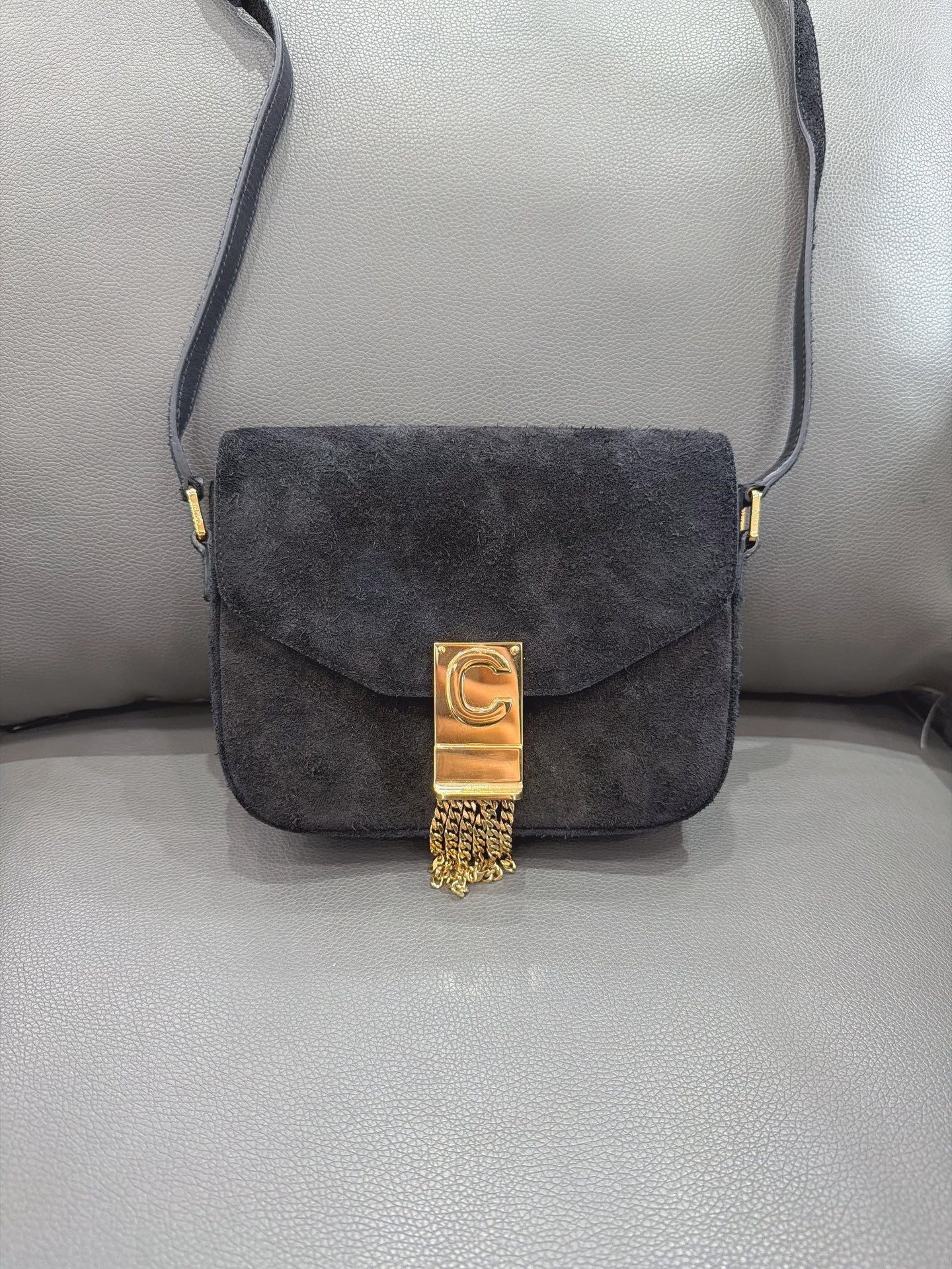 Celine - C Charm Messenger Bag - Suede - Black - (Small)