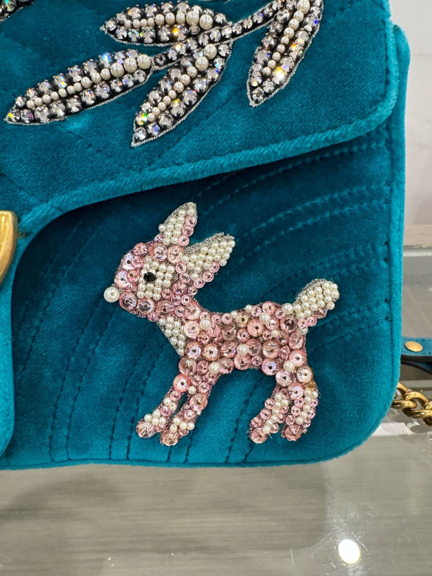 Gucci - Marmont Limited Edition - Velvet with rhinestone and pearl embellishments - Peacock Blue - (Small)