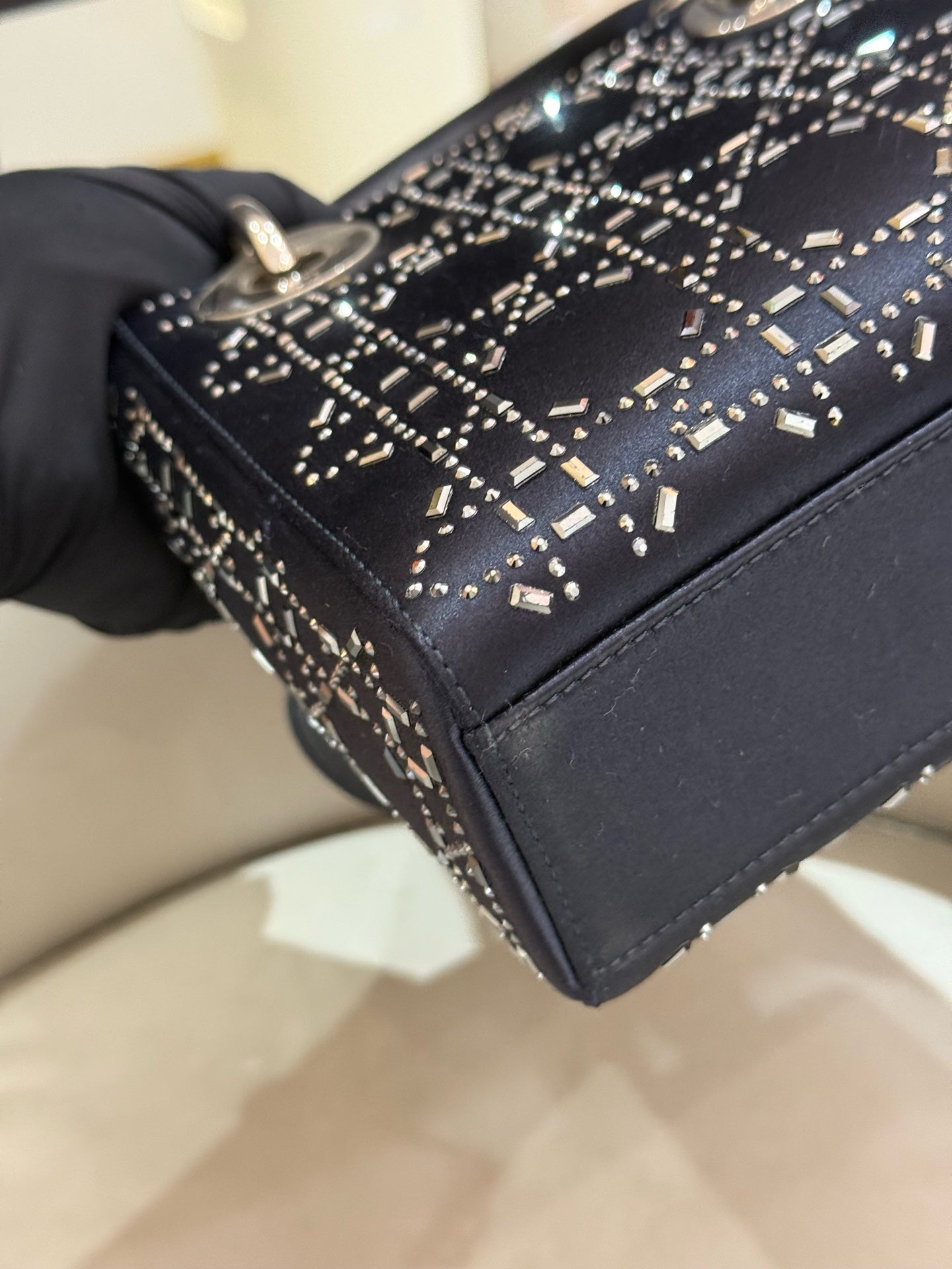 Dior - Lady Dior Mini - Satin with Crystal Embellishments - Navy Blue - (mini)