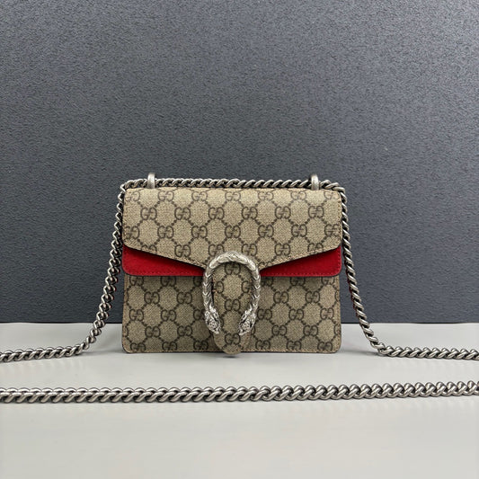 Gucci - Dionysus Chain Shoulder Bag - GG Supreme canvas with suede lining - Beige with Red accents - (Small)