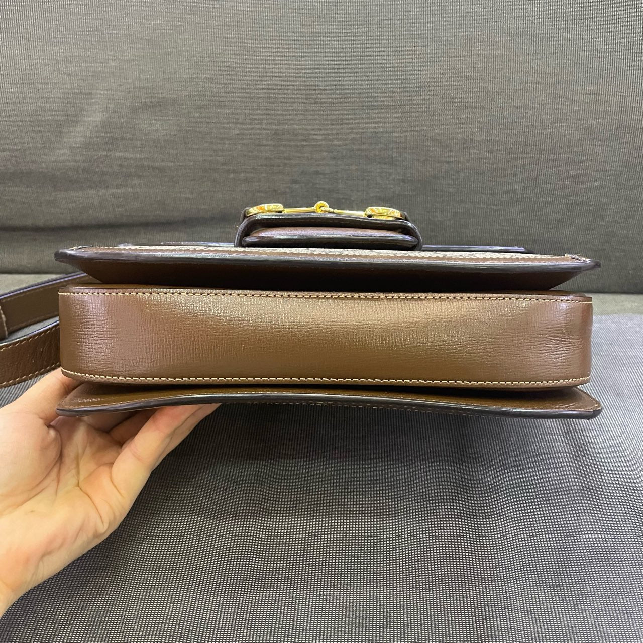 Gucci - 1955 Horsebit Shoulder Bag - GG Supreme canvas with brown leather trim and gold-tone hardware - Brown - (medium)