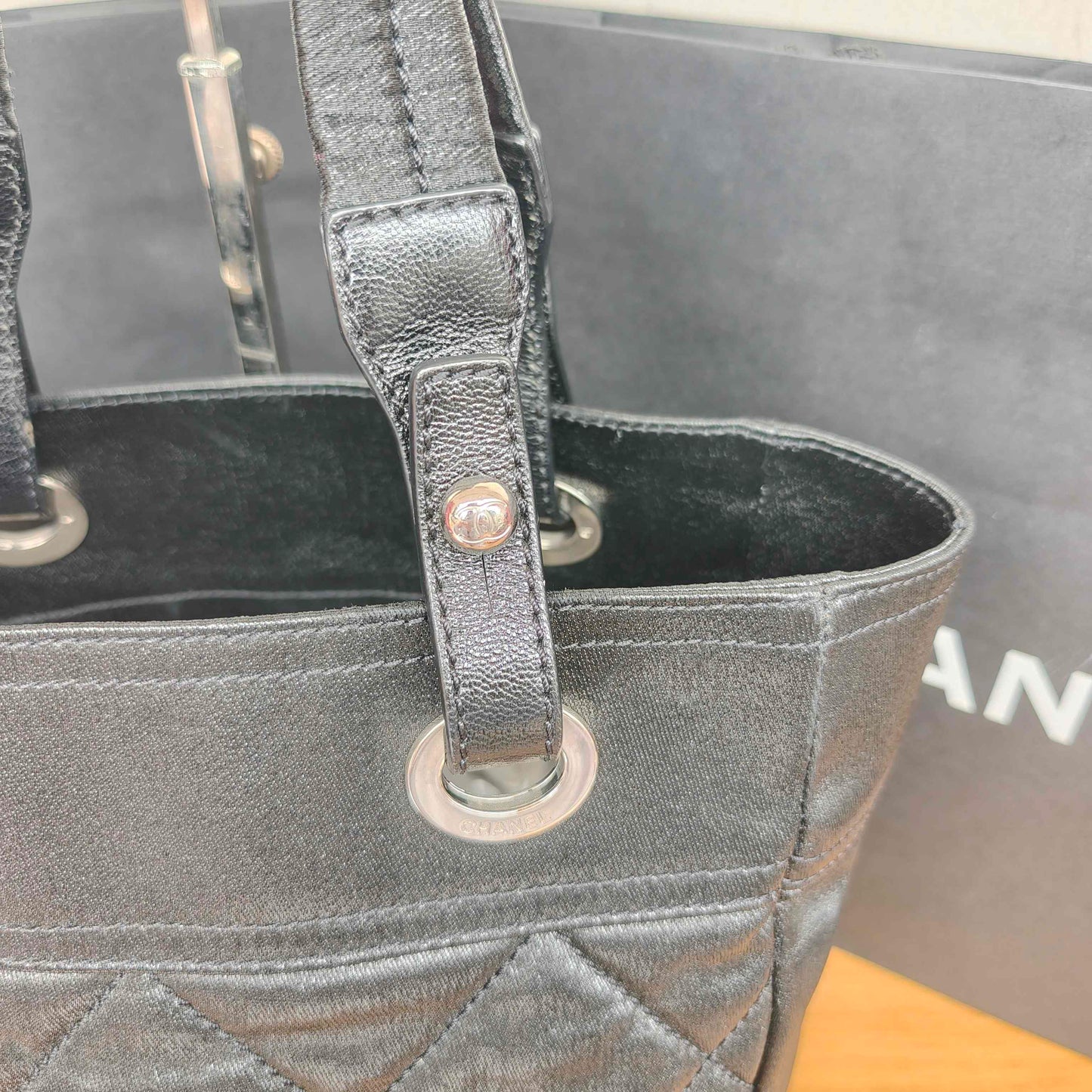Chanel - Quilted Goatskin and Coated Canvas Tote Bag - Goatskin leather and coated canvas - Black with Silver-Tone Hardware - (Medium)