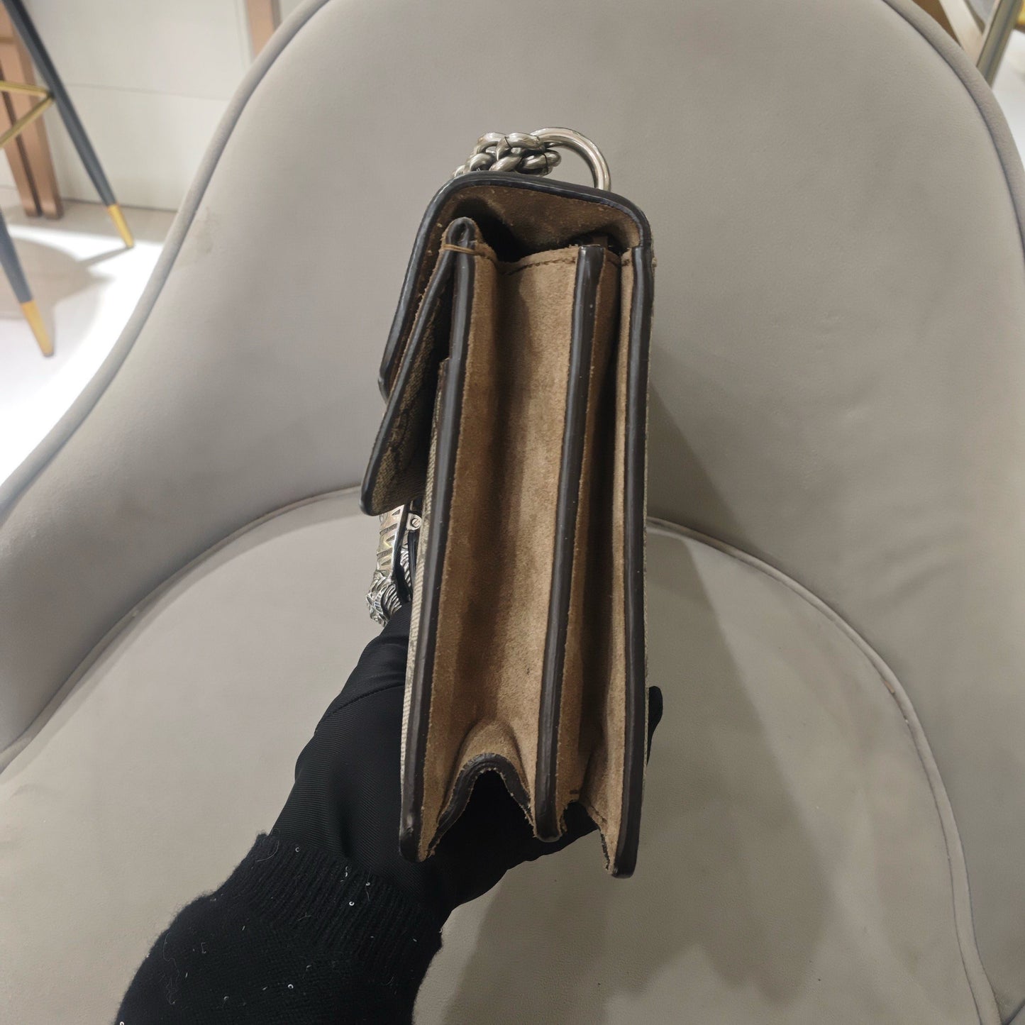 Gucci - Dionysus Medium Shoulder Bag - GG Supreme coated canvas with suede and leather trim - Beige GG Supreme canvas with camel suede and brown leather trim - (medium)