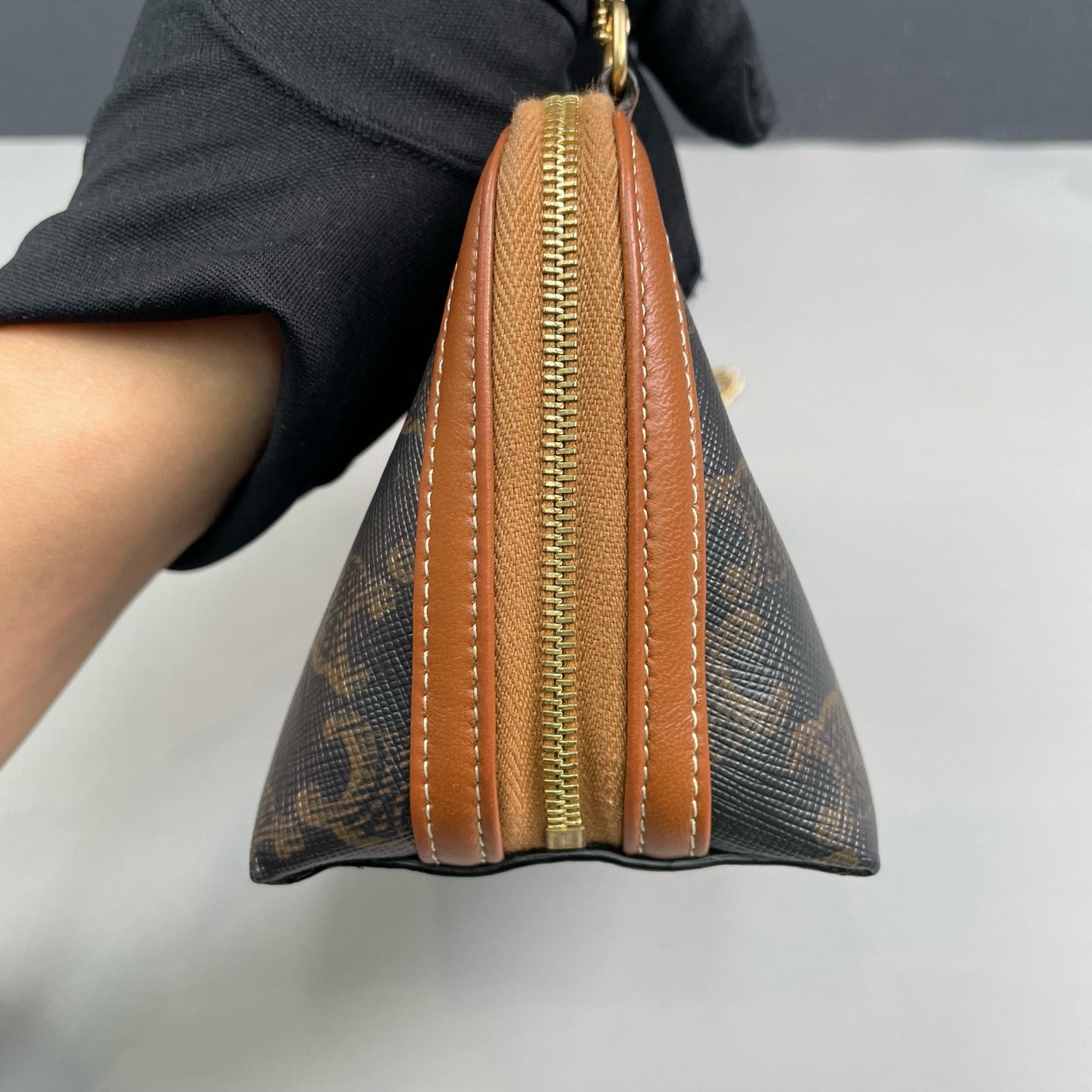 Celine - Triomphe Monogram Shell Chain Bag - Triomphe coated canvas with tan leather trim - Brown - (mini)