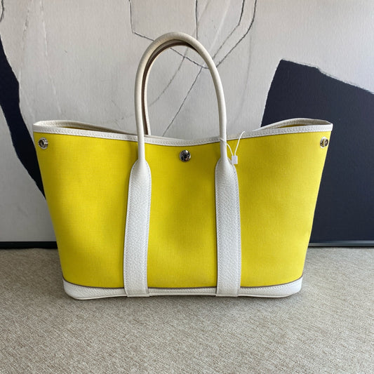 Hermès - Garden Party 30 - Canvas with Leather Trim - Lemon Yellow and White - (Medium)