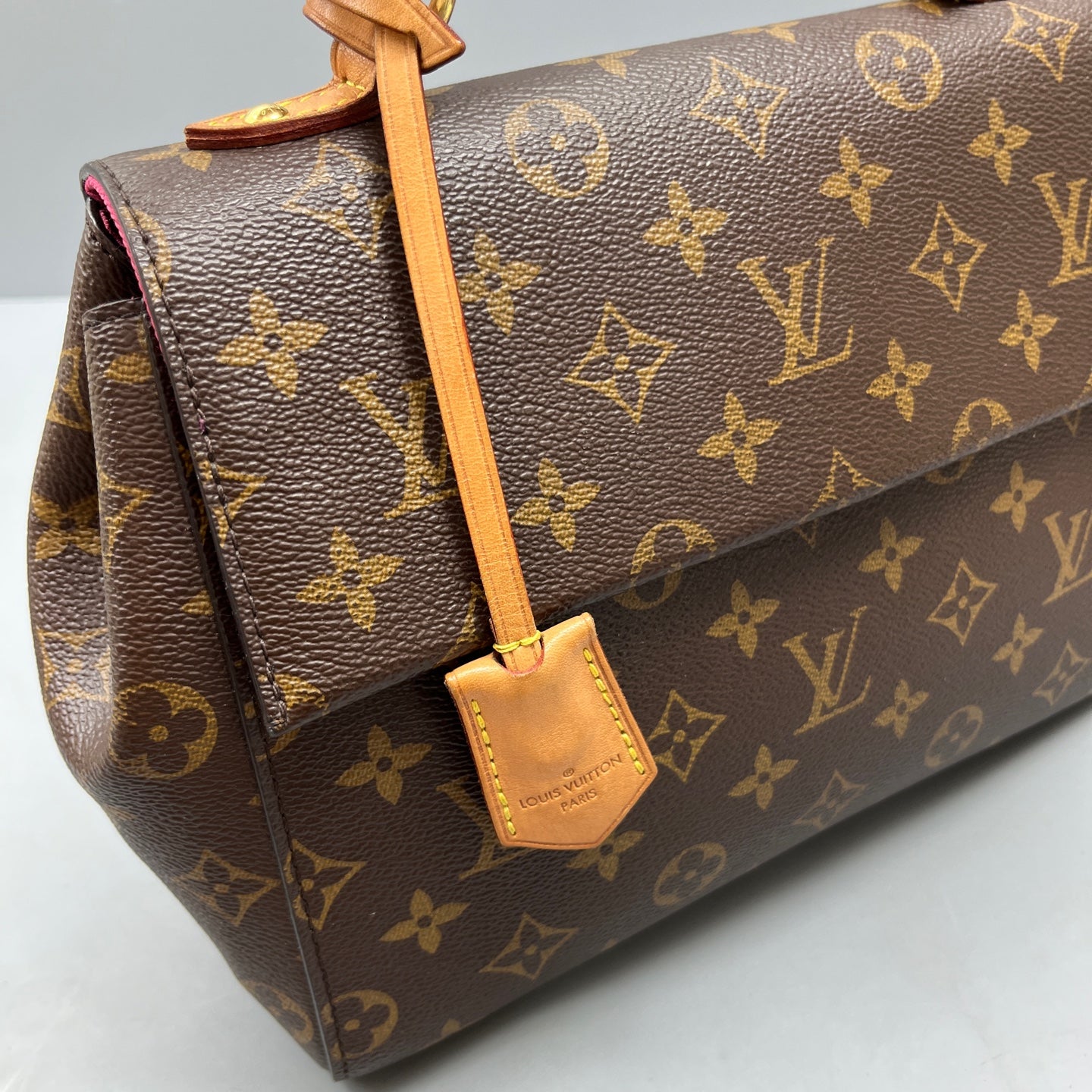 Louis Vuitton - Cluny BB - Monogram coated canvas with leather trim - Brown (Monogram canvas), Fuchsia (strap), Burgundy (strap underside), Natural (Vachetta leather) - (small)