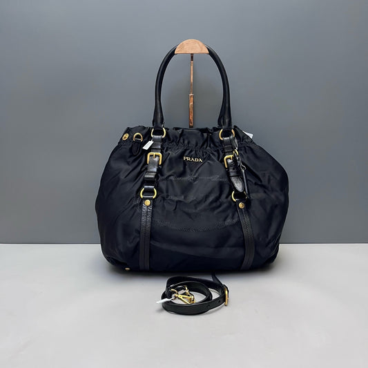 Prada - Gathered Nylon Tote Bag - Nylon with Leather Trim - Black - (large)