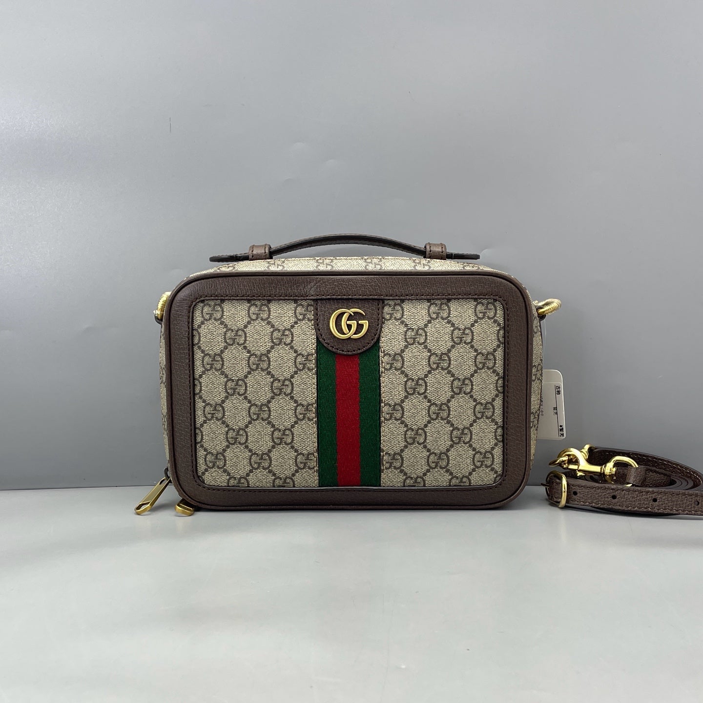Gucci - Ophidia GG Small Bag - GG Supreme canvas with leather trim - Beige with brown accents, red and green web stripe - (small)